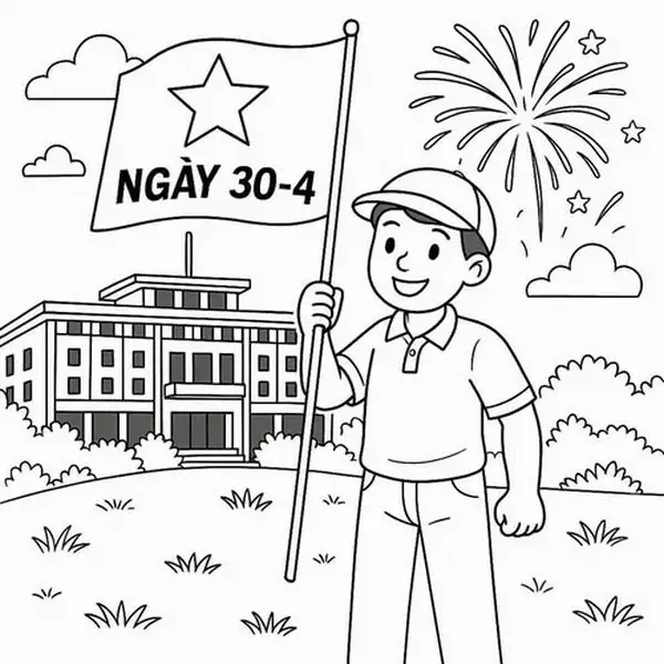 Tranh tô màu Dinh Độc Lập ngày lễ 30 tháng 4 với pháo hoa nổ rộ và Quốc kỳ tung bay thật hoành tráng cho bé 5 tuổi.