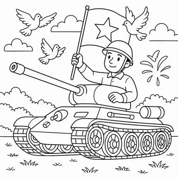 Tải hình tô màu chiếc xe tăng hòa bình với chú chim bồ câu đậu trên nòng pháo mang thông điệp Khát vọng hòa bình tuyệt vời.