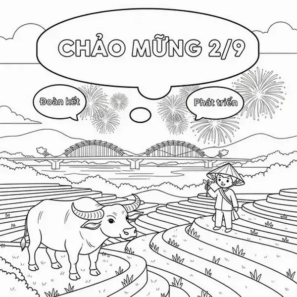Con trâu đi trước cái cày trên đồng lúa chín cùng lá cờ mừng ngày Quốc khánh tạo nên không khí thật nhộn nhịp vui tươi.