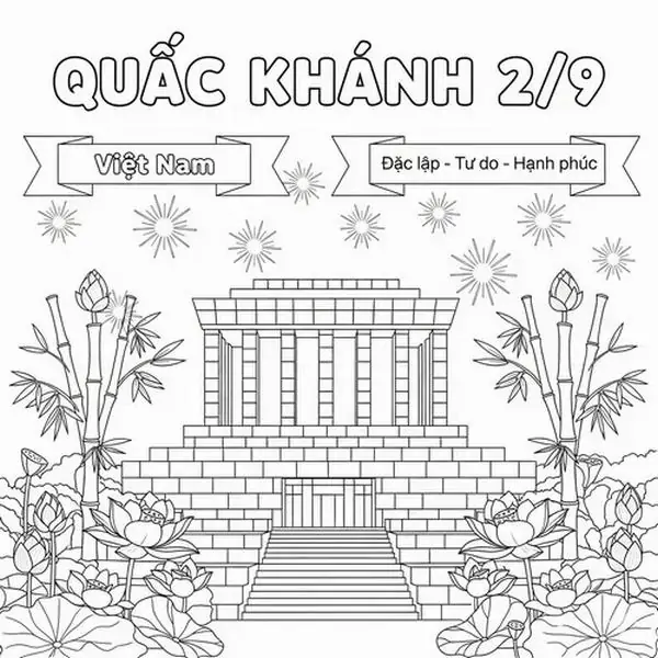 Bản vẽ tô màu Lăng Chủ tịch Hồ Chí Minh uy nghiêm tại Quảng trường Ba Đình giữa những lùm cây bay phấp phới cho trẻ 4 tuổi.