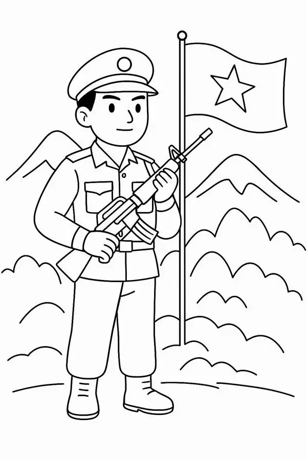 Chú bộ đội tí hon đứng gác nghiêm chỉnh với khẩu súng trên tay và Lá cờ Tổ quốc tung bay trông rất kiên cường cho bé 3 tuổi.