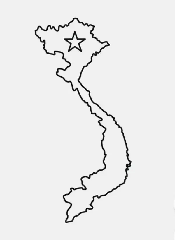 Trang tập tô màu bản đồ đất nước uốn lượn cạnh ngôi sao vàng được vẽ bằng những nét bút thật xinh xắn cho bé 3 tuổi.