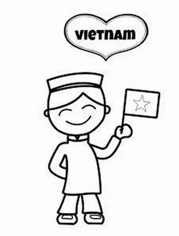 Tải hình tô màu cậu bé tinh nghịch đang giơ cao lá cờ nhỏ với ánh mắt rạng rỡ thể hiện lòng yêu nước thật hồn nhiên.