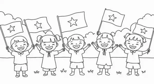 Một nhóm các bạn nhỏ cùng nhau giơ cao những lá cờ tí hon trong bầu không khí lễ chào cờ rộn ràng cho trẻ 4 tuổi.