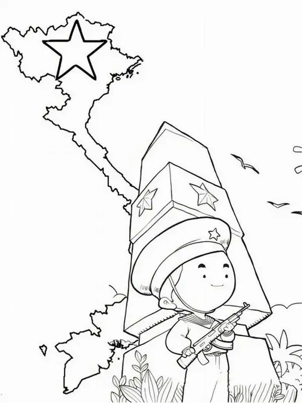 Em bé hướng đạo sinh đeo khăn quàng đỏ cầm lá cờ nhỏ đứng trước Bản đồ hình chữ S mang nét ngây thơ đầy hy vọng.