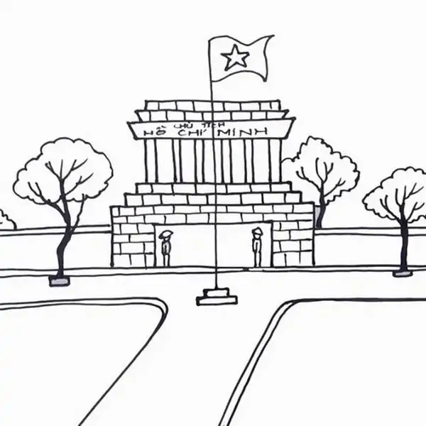 Khung cảnh uy nghiêm trang trọng của Lăng Bác với cột cờ vươn cao trong gió giúp trẻ nhận biết địa danh lịch sử cho bé 5 tuổi.