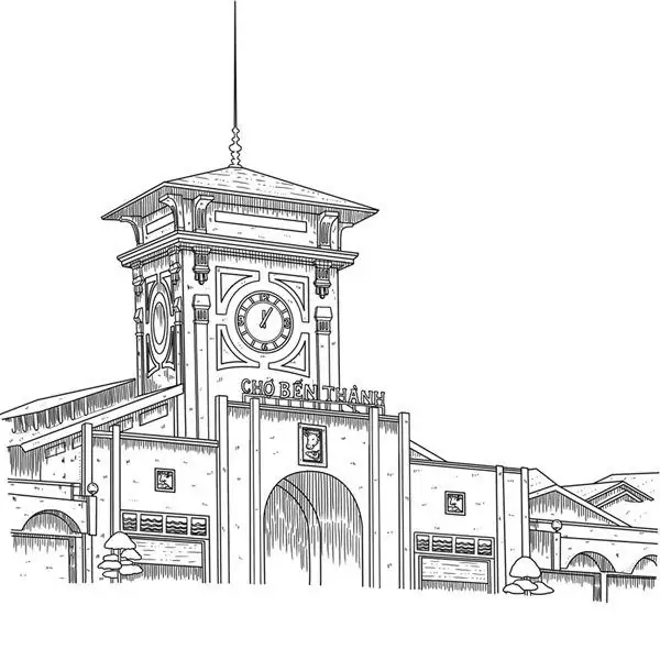 Cổng chợ Bến Thành biểu tượng của Sài Gòn đứng hiên ngang dưới bóng nền cờ đỏ sao vàng mang nét kiến trúc thật vững chãi.