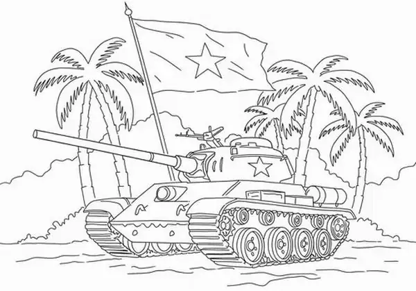 Mẫu tranh tô màu chiếc xe tăng mạnh mẽ tiến vào dinh độc lập trong ngày vui chiến thắng và độc lập tự do cho trẻ 6 tuổi.