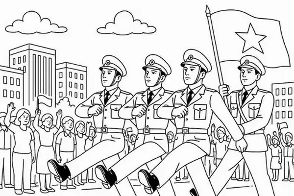 Tranh vẽ tô màu đoàn quân hành tiến nhịp nhàng với lá cờ dẫn đầu mang đậm tinh thần Cách mạng và sự mạnh mẽ hào sảng.