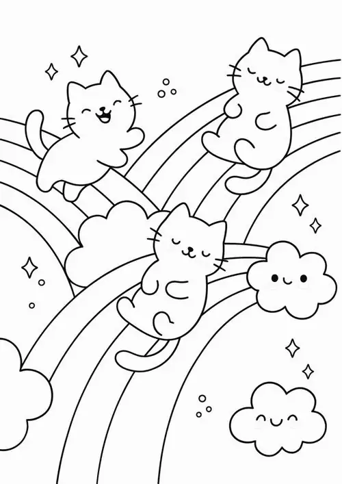 Chú mèo đang dạo bước trên cầu vồng rực rỡ giữa những đám mây xốp trắng tạo nên khung cảnh thật kỳ diệu.