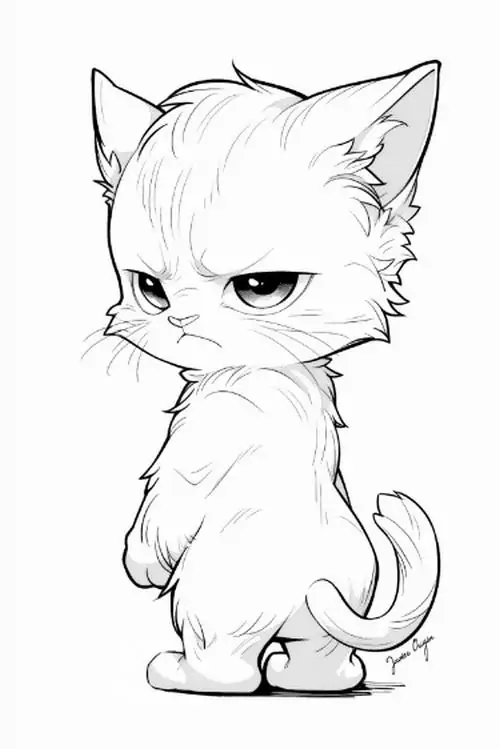 Bộ tranh tô màu chú mèo có bộ lông xù đứng lặng lẽ với vẻ mặt hơi hờn dỗi trông vừa đáng thương vừa ngộ nghĩnh.