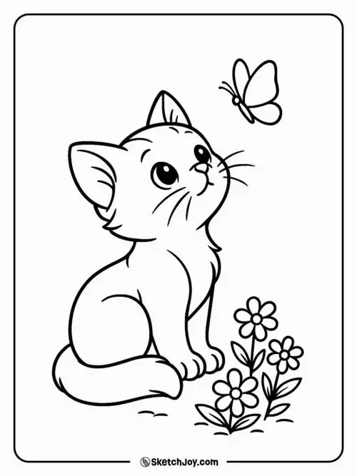 Hình ảnh mèo nhỏ ngồi bệt dưới đất ngước nhìn chú bướm đậu ngay trên mũi mèo mình trông thật hiếu kỳ.