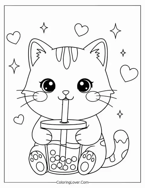 Mẫu tranh tô màu chú mèo ôm ly trà sữa trân châu với đôi mắt tròn xoe lấp lánh trông rất sành điệu cho trẻ 6 tuổi.