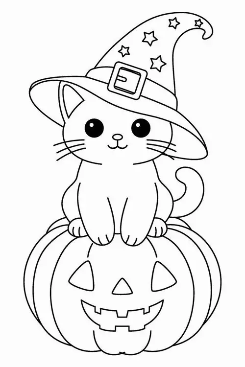 Bản vẽ tô màu chú mèo đội mũ phù thủy ngồi trên quả bí ngô Halloween với nụ cười mang vẻ bí ẩn.