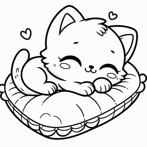 Trang giấy tô màu một chú mèo đang cuộn tròn ngủ say sưa trên chiếc gối ôm mềm mại rất thư thái.