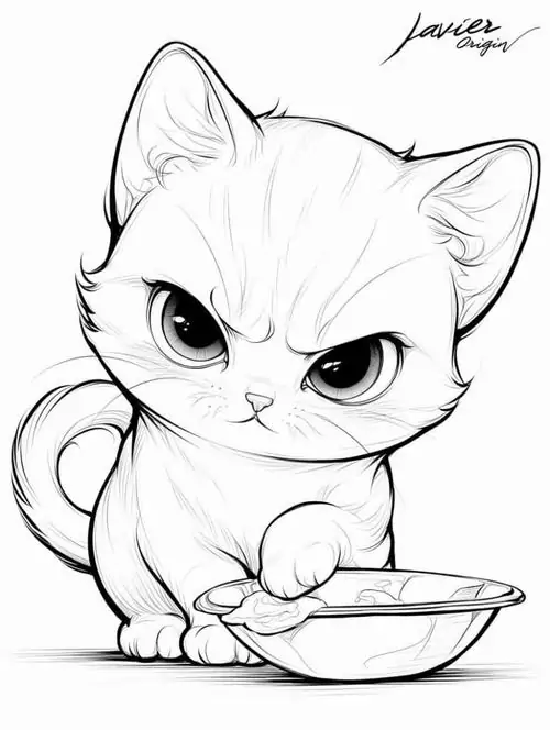 File tranh tô màu chú mèo có ánh mắt sắc sảo đang cúi xuống nhìn bát thức ăn với vẻ mặt rất tập trung.
