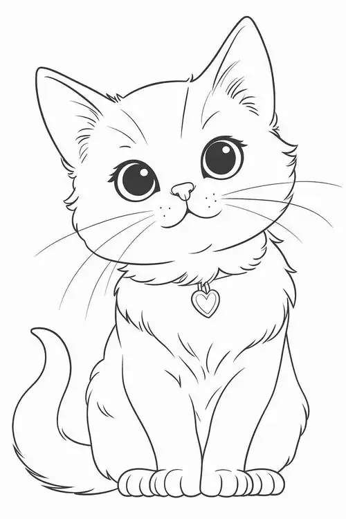 Hình ảnh mèo nhỏ đeo chiếc vòng cổ có hình trái tim đứng nhìn thẳng về phía trước trông vô cùng thân thiện.