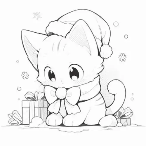 Bé mèo con đội chiếc mũ Noel chóp dài ngồi giữa đống quà tặng mang đến một không khí lễ hội cực kỳ ấm áp.