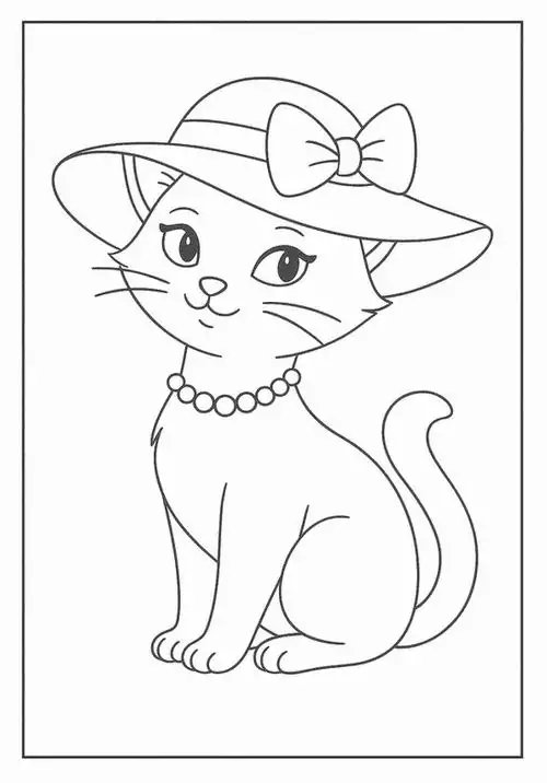 Tải hình tô màu cô mèo điệu đà đội mũ rộng vành đính hoa bên cạnh những cánh bướm bay lượn rất thanh lịch.