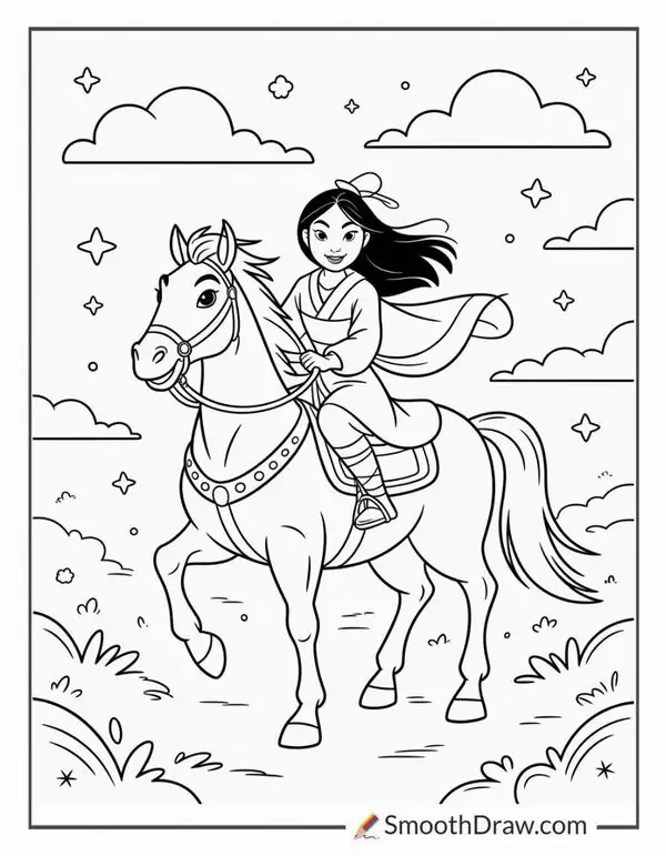 50 Tranh Tô Màu Mulan (Hoa Mộc Lan) xinh đẹp với mái tóc đen, quạt giấy và thần thái tự tin