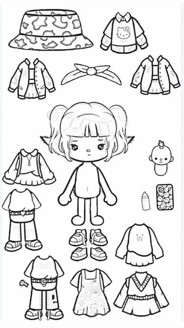 55 Tranh Tô Màu Búp Bê Giấy Toca Boca thay đồ đáng yêu với tóc bob váy xếp ly và phụ kiện xinh xắn