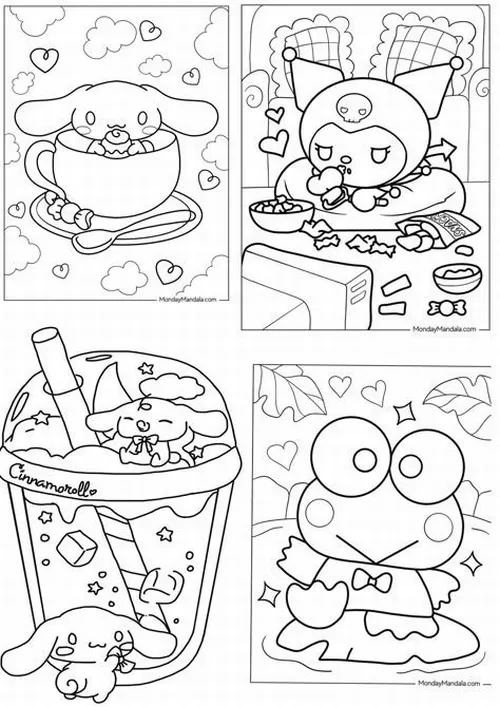 My Melody tựa má lên mép bàn khi đang gấp giấy, cạnh tay là vài con hạc hoàn thành rồi, bố cục mộc mạc hợp với trị liệu bằng màu sắc nhẹ nhàng