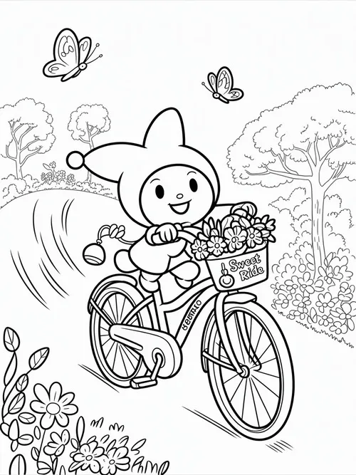 Kuromi ngồi trong buồng chụp ảnh lấy liền, tay giữ tấm hình mới in còn phía sau là rèm kẻ sọc, cả cảnh nhìn lạ mắt mà vẫn duyên