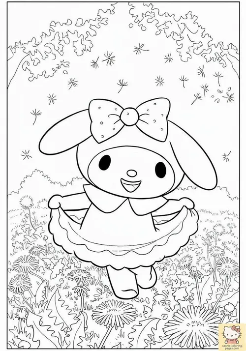 Hello Kitty cầm máy ảnh cổ trước phông nền trơn, cổ áo gọn và đôi chân khép nhẹ, nét vẽ kiểu này gợi đúng tinh thần Yuko Shimizu dịu dàng