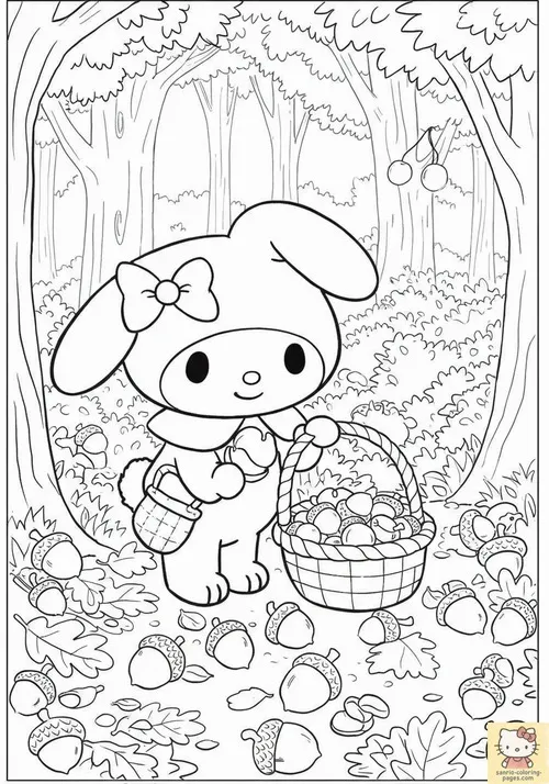 My Melody bước trong hành lang treo tranh triển lãm, váy rủ nhẹ và bó hoa khô cầm thấp trước người, bức vẽ làm nổi bật chuyện bản quyền hình ảnh rất khéo