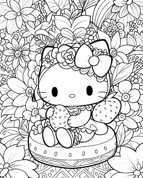 Hello Kitty đứng ở cổng công viên chủ đề, hai bên là bảng chỉ dẫn và mái vòm trang trí, chi tiết này gợi nhớ Sanrio Puroland cùng dấu ấn Shintaro Tsuji rõ nét