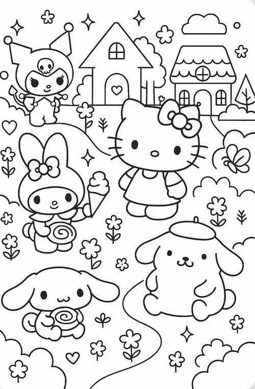 Pompompurin đội tạp dề đứng cạnh khay bánh quy hình tròn vừa nướng, chiếc mũ nồi vẫn ngay ngắn và căn bàn bếp trông ấm như tiệm bánh nhỏ