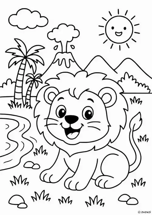 Chú sư tử nhỏ đang ngồi thảnh thơi bên cạnh cây dừa và những dãy núi nhấp nhô phía sau tạo nên một bản vẽ sư tử hoang dã đầy chiều sâu.
