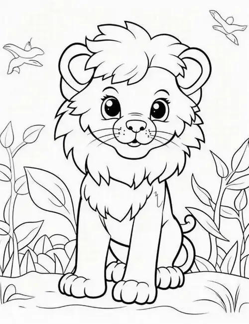 Chú sư tử có bờm xù xinh xắn đang ngồi giữa cánh đồng đầy hoa dại và cỏ mềm trông rất thân thiện để bé yêu học cách phối sáp màu rực rỡ.