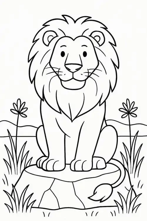 Hình ảnh chú sư tử ngồi ngay ngắn với ánh nhìn thẳng đầy tự tin và nụ cười mỉm hiền lành là mẫu tô màu mãnh sư cực dễ thương cho bé 5 tuổi.