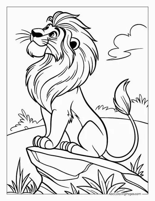 Mẫu tranh tô màu góc nghiêng của chú sư tử đang đứng vững chãi trên tảng đá lớn với bộ lông đuôi dài có chùm lông đen đặc trưng ở phần chóp.