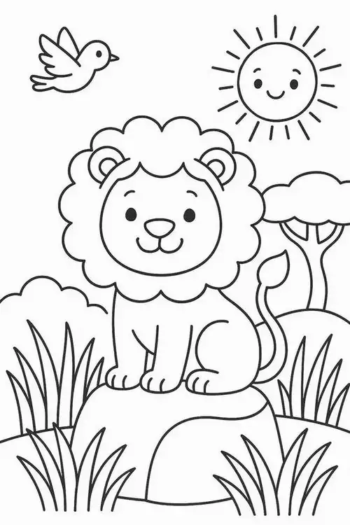 Một chú sư tử khác đang ngồi bình yên trên đá trong khi một chú chim nhỏ đang bay lượn trên bầu trời xanh thẳm thuộc lớp thú có vú.