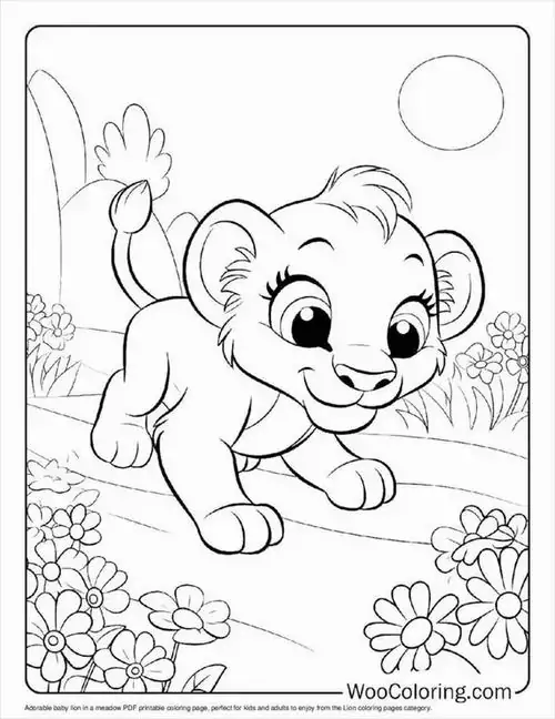 Chú sư tử nhỏ đang bước đi đầy năng động với chiếc đuôi vểnh cao và biểu cảm vui vẻ như đang tham gia một cuộc săn mồi theo chiến thuật nhóm.