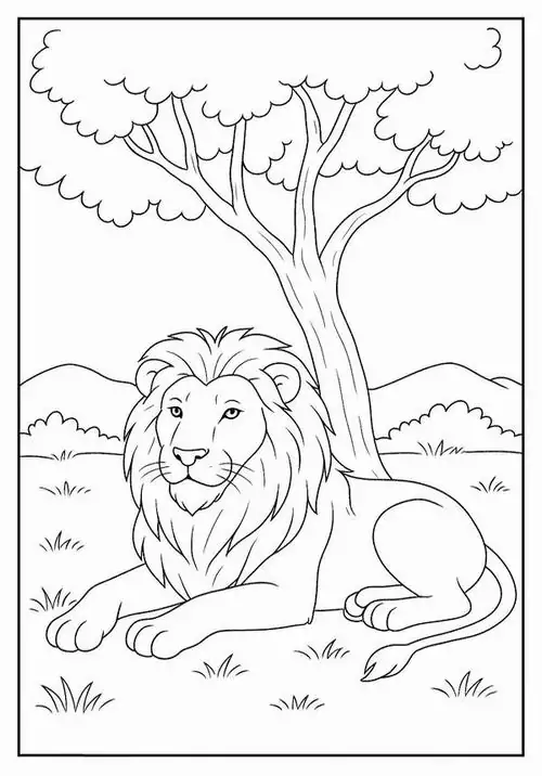 Chú sư tử đang nằm nghỉ ngơi thư giãn dưới bóng mát của một cây đại thụ lớn với những tán lá rộng che phủ cả lãnh thổ bao la.