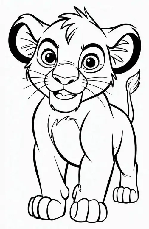 Trang giấy tô màu chú sư tử nhỏ đang bước đi lon ton trên thảm cỏ xanh mướt với ánh mắt tò mò khám phá thế giới của động vật hoang dã.