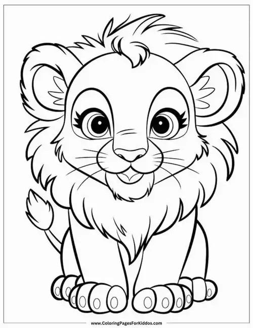 Hình ảnh chú sư tử con có đôi mắt long lanh và đôi tai tròn xoe đang ngồi im lặng cực kỳ đáng yêu là bản vẽ sư tử cho bé.