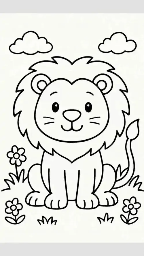 Chú sư tử con ngồi lọt thỏm giữa những đám mây xốp trắng bồng bềnh mang lại cảm giác nhẹ nhàng và bay bổng cho hình phác thảo sư tử.