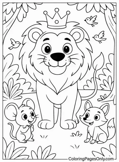 Chú sư tử đội vương miện nhỏ trên đầu với gương mặt tươi cười rạng rỡ bên cạnh những người bạn chim và sóc nhỏ giữa thảo nguyên xanh mướt.