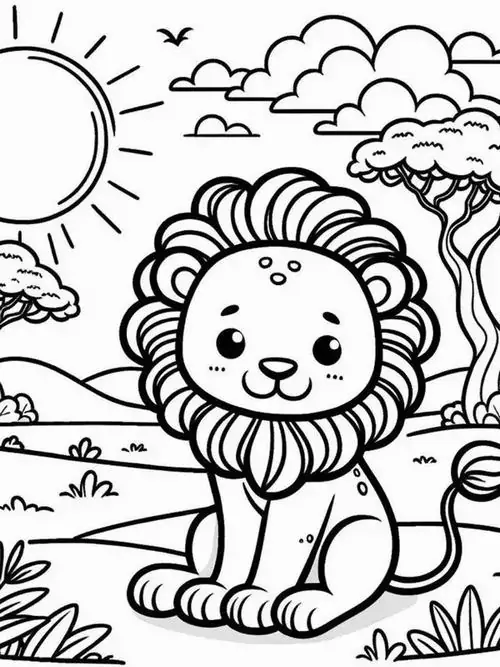 Hình ảnh chú sư tử có chiếc bờm tròn xoe cực kỳ ngộ nghĩnh đang ngồi dưới ánh nắng mặt trời rực rỡ để bé thỏa sức sáng tạo cùng bảng màu gỗ.