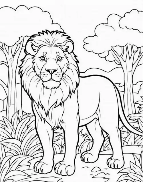 Trang tập tô màu khắc họa một chú mãnh sư trưởng thành với dáng đứng hiên ngang giữa rừng cây già giúp bé rèn luyện kỹ năng vận động tinh cho bé 3 tuổi.