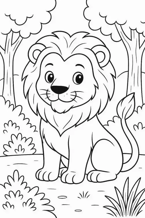 Chú sư tử con có đôi mắt to tròn đang ngồi ngoan ngoãn giữa khung cảnh rừng rậm nhiệt đới đầy những bụi cây và hoa lá xum xuê thuộc giới động vật.