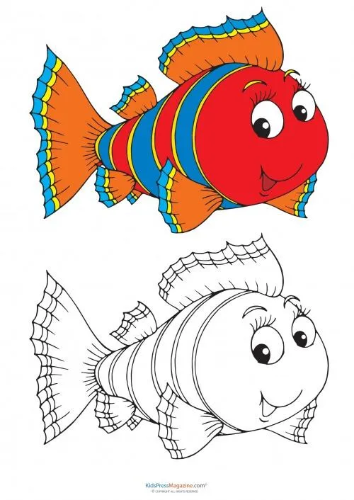 Hình ảnh so sánh giữa chú cá đã được tô màu rực rỡ và bản phác thảo trắng đen đầy những ngư loại sống động và chân thực.