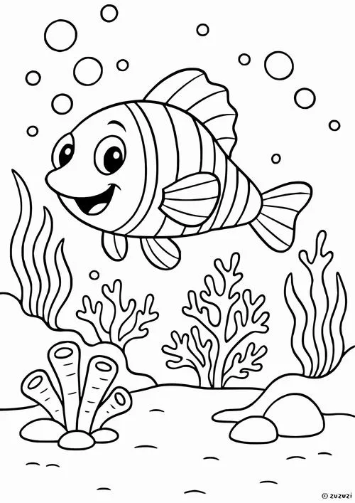 Tranh tô màu bạn cá nhỏ với những hoa văn trên thân đang bơi lội tung tăng giữa những rặng san hô đầy màu sắc rực rỡ dưới đáy.