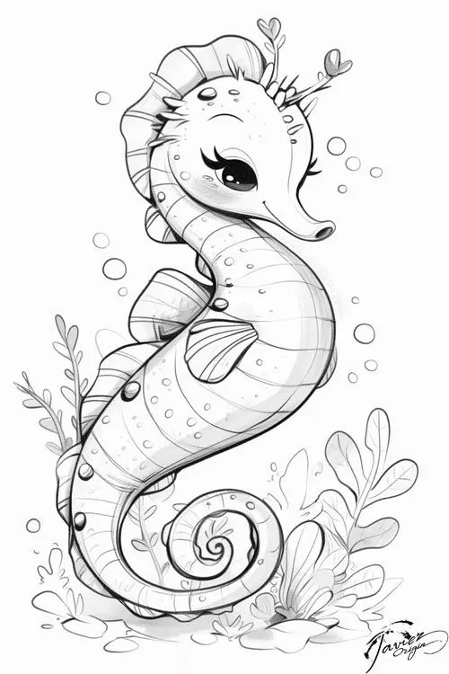 Trang tập tô màu chú cá ngựa nhỏ nhắn đang bám đuôi vào một nhành rong biển để giữ mình đứng vững giữa dòng nước ngọt mát mẻ.