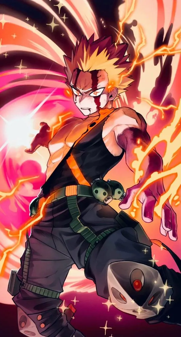 Katsuki Bakugo lao xuống giữa luồng lửa tím cam, ánh mắt căng dữ và bộ đồ chiến đấu nổi bật trong khung hình dọc rực cháy