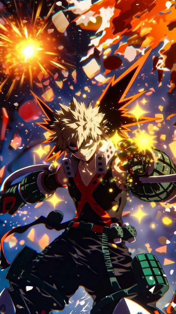 Hình đại diện Katsuki Bakugo bật lên giữa pháo sáng vàng cam, tư thế tung đòn và trang phục chiến đấu khiến ảnh nhìn cực kỳ căng lực